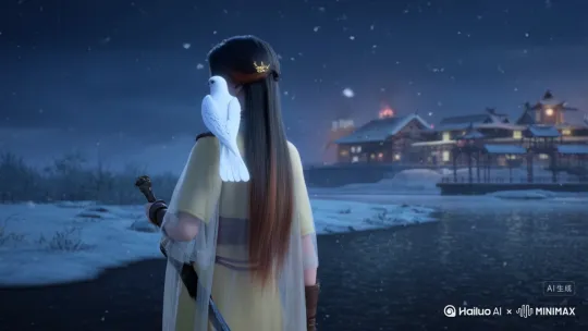 主题：3D动漫类似斗破苍穹小医仙。
环境：风陵渡口的雪夜江边，黄昏时刻，远处有灯火阑珊的客栈，雪花纷飞。
人物细节：一位美女，腰左侧悬挂一把宝剑，手腕系一串佛珠。额前有细碎刘海，发色深黑带棕红挑染，并装饰金色细链额饰或暗红色发带。鹅黄/浅绿长衫配深红色腰封，衣领袖口绣银色云纹，外罩半透明纱质披风，棕色鹿皮短靴内藏匕首。整体服饰色彩鲜明，富有层次感，营造出仙气飘飘的感觉。
表情与姿态：单手按剑回首，眼神似笑非笑，表情略带孤寂但常带笑意。
配饰：肩头停白色猎雕，手持古朴长剑。

街头艺人 + 夜晚 + 霓虹灯 + 下雨 + 路人撑伞经过 + 电影感 + 超现实色彩 + 城市的孤独感[右移,跟随] by Hailuo AI Video Generator