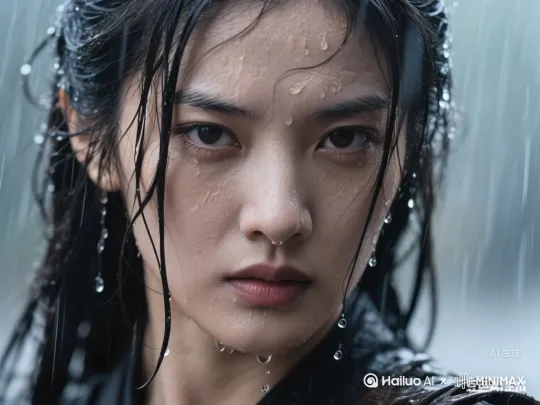 - 景别：特写
​
- 运镜：切换为固定特写镜头，先聚焦女主角眼睛，她眼中倒映出对手身影，眼神里有坚定、有不屑，也有战斗的怒火，随后镜头缓缓下移，给到她手中紧紧握住的武器（比如一把古朴长刀，刀身因雨水而泛着冷光，刀柄缠着旧布，满是岁月痕迹 ），武器表面雨滴滚落，凸显即将战斗的紧张感。
​
- 画面提示词：极致特写，眼神细节清晰，睫毛挂着水珠，武器质感逼真，冷光闪烁，雨滴在武器上动态自然 。
​
- 音效：大雨声稍弱，突出雨滴落在武器上的“滴答”声，以及女主角略微沉重的呼吸声 。 by Hailuo AI Video Generator