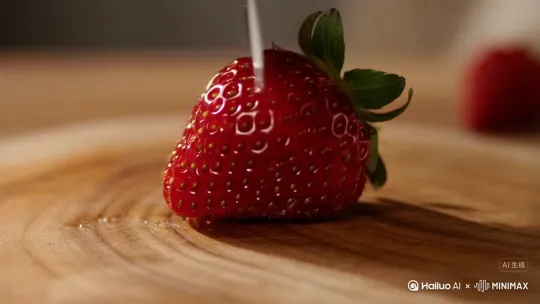 An extreme macro lens captures a crystal-clear, exquisitely detailed strawberry placed on a wooden cutting board under warm lighting. The lens closely follows a knife slicing the strawberry into 3 pieces, showcasing its bright red hue throughout, with three-dimensional granules visible through its transparency and green leaves. The slicing action is in progress, highlighting tactile details and natural movement. The composition features a sharp focus on the strawberry and knife, set against the wooden cutting board with clearly defined grain patterns, while the background is blurred, maintaining a minimalist layout. The scene exudes ASMR texture, rendered in a realistic style with soft, natural photographic lighting. Every subtle sound is clearly recorded—the sounds of slicing, friction. Without background music, only immersive ambient sound effects remain. Gentle natural light and shallow depth of field create lifelike textures. Each slow, deliberate cut produces a crisp "ding"—the sound of the strawberry breaking—followed by the soft collision of tiny fragments and the deep, resonant friction between the fruit and wood. These sounds intertwine to create a rich ASMR soundscape in the otherwise silent room. The slow, sooth by Hailuo AI Video Generator