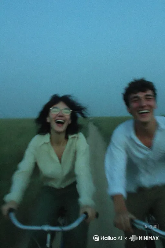a young couple riding old bicycles side by side along a dirt path surrounded by tall grass at sunset, laughing, wind in their hair, she with black shoulder-length hair and large vintage glasses, he with short black tousled hair and dark stubble, wearing relaxed natural clothes in earth tones, scene full of warmth and intimacy, shot on vintage 50mm lens, warm golden hour natural light, subtle film grain texture, vintage film photograph style, low contrast, faded earthy colors, soft warm highlights, cinematic and authentic aesthetic by Hailuo AI Video Generator