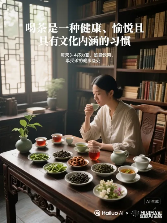 突出人物在饮茶时的动作和舒适惬意的表情 by Hailuo AI Video Generator