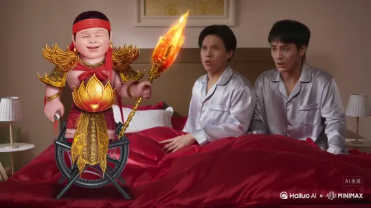 (16:9 比例), (电影级画质), (超高清 8K), 动态镜头: 中国神话人物哪吒 (穿着标志性的红肚兜、莲花战甲，手持火尖枪，脚踩风火轮)，突然从画面右侧快步走入镜头。镜头聚焦于画面中央一位穿着现代睡衣的惊讶青年男子。哪吒调皮地眨了眨眼，敏捷地掀开男子身旁的大红锦缎被子，两人迅速钻了进去。紧接着，被子内部剧烈鼓动，伴随着夸张的“噗”的一声音效，一股浓郁、纯白、如高压喷泉般的牛奶从被子的缝隙中猛烈喷涌而出，溅射到空中形成雾状和滴落效果 (慢镜头特写)。画面风格: 色彩鲜艳的中国风奇幻动画，柔和顶光照明，背景虚化。 by Hailuo AI Video Generator