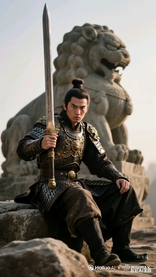 秋风萧瑟，风中夹杂着落叶，战士发丝被风吹动，右手把刀平放到膝盖上，左手抚摸刀身，仰天长啸，好莱坞电影画面。 by Hailuo AI Video Generator