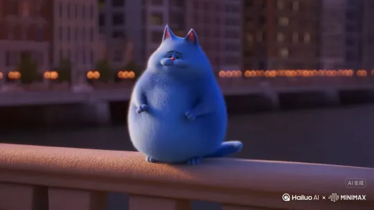 申请一直生成一只蓝色的胖猫 站在桥边准备跳下去 然后有人给他点麦当劳的视频 by Hailuo AI Video Generator