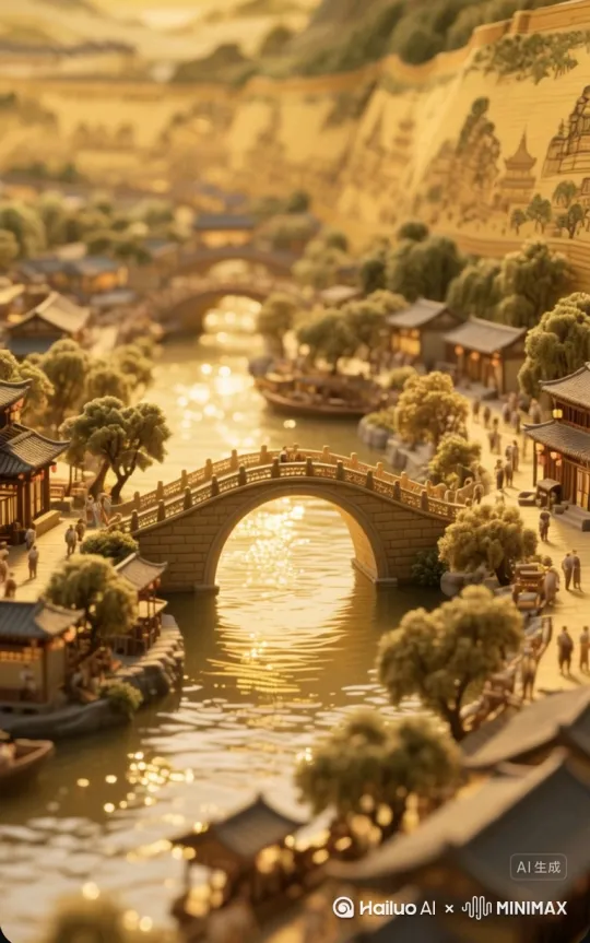 3D立体，超清画质，细腻，清明上河图，柔和的光，金碧辉煌，微缩景观，运镜从远旋转靠近。桥下河流缓缓发亮 by Hailuo AI Video Generator