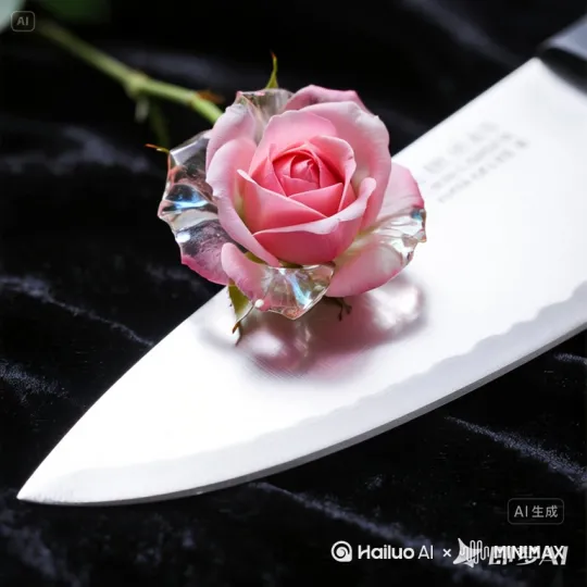 刀切割花瓣，[推进]重点展现切面，切面是实心的，五颜六色的。花瓣爆成五颜六色的钻石粉尘[粒子消散特效]，从粉尘中生长出小小的水晶玫瑰森林。微距拍摄 by Hailuo AI Video Generator