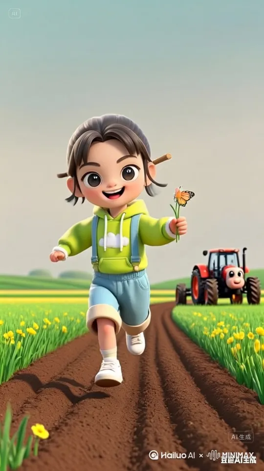 小乐：** 在田埂上快乐地奔跑，手里可能拿着一朵小花，或者追着一只蝴蝶，笑容灿烂。
*   **动画/音效：** 轻快活泼的春天背景音乐。拖拉机“突突”声（或牛的“哞~”声），小鸟欢唱。花朵开放的特效（简单几帧）。 by Hailuo AI Video Generator