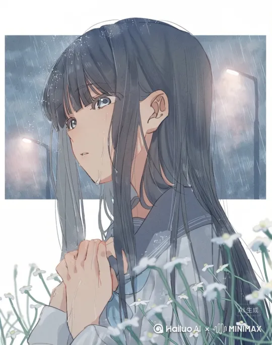 小雨不停的下，女孩注视着前方，双手合十好似在想着什么心事，身旁的花被雨水打的左右摇摆昏黄的路灯在雨水的映衬下显得昏黄 by Hailuo AI Video Generator