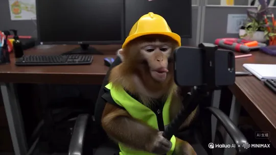 一只猴子带着安全帽穿着反光背心拿着自拍杆像现在抖音里面的博主一样，坐在办公室电脑桌前记录着自己的日常上班，口里发出人类的语音，内容大致是“家人们，新的一天，我到公司了，又开始当牛马了，不，我是猴子，当猴马了，你们有没有跟我一样啊。 by Hailuo AI Video Generator