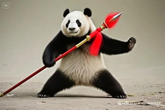 在奥运会的武术比赛场上，熊猫双手轮枪花后，一个收枪式站直，全场一片掌声。 by Hailuo AI Video Generator
