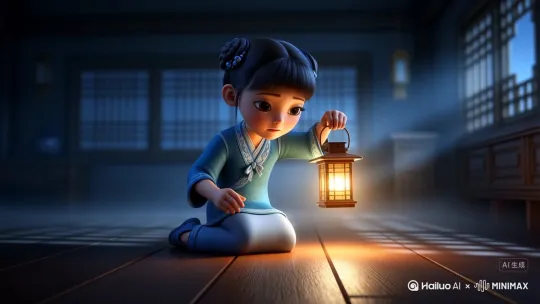 统一贯穿中国古代小女孩角色（约10岁，双髻襦裙，手持蒲公英灯）：
2. 【疑是地上霜】
提示词：3d cartoon style, The same girl now kneels on wooden floor, Puzzled expression as she touches moonlit floorboards with one hand, Her dandelion lantern casts amber light revealing wood grain, Sparkling frost-like light effects dance around her fingers, Semi-transparent cold mist at ground level, Bamboo window shadow patterns on floor, Soft focus background with traditional furniture silhouettes --ar 9:16运镜女孩的飘带在不同场景保持相同青花色 by Hailuo AI Video Generator