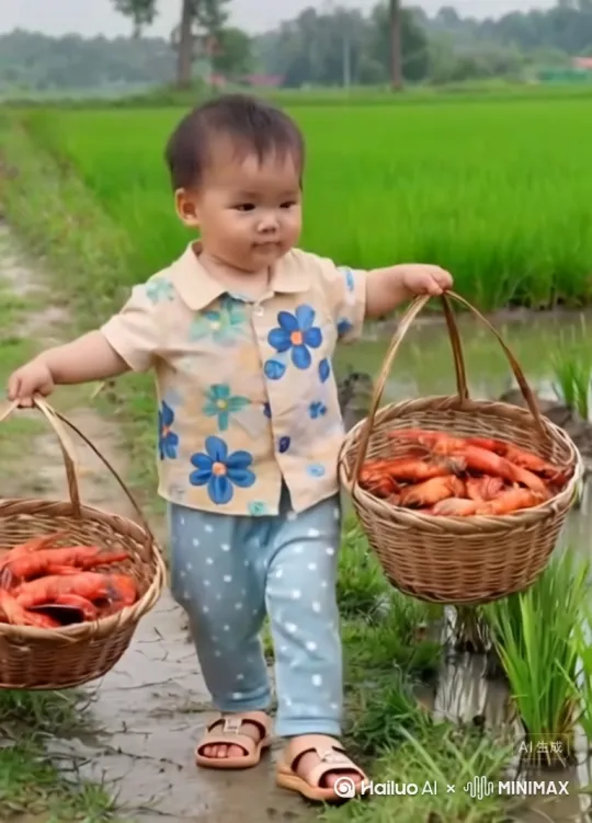 图中的图中这个小男孩，在河边钓大虾，钓完之后开开心心的拿着篮子回家，路上还和别人打了招呼，回到家后把虾放入锅中炖，对完之后将它盛入碟中，开开心心的拿着大虾吃 by Hailuo AI Video Generator