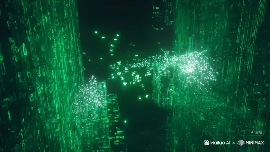 画面描述: 在一个永恒的、由绿色代码构成的数字瀑布空间内，两个意识体正在进行超越物理极限的对决。其中一人将手插入代码流，抽出一把由无数“0”和“1”组成的、不断变化的“数据武士刀”。另一人则将周围的代码重构成一个巨大的、旋转的“逻辑迷宫”，墙壁、地面、天花板都在不断移动、翻转。战斗不再是拳脚，而是对“现实”的修改权限。一人挥刀，斩断的不是对方，而是对方脚下的“重力”参数，使其坠入虚空。另一人则复制、粘贴了上百个自己，发动“分布式拒绝服务”式攻击。最终，胜者将对方的“核心代码”强行拽出，那是一团高度浓缩、发出耀眼白光的能量球，然后将其捏碎，引发了一场让整个数字世界重启的“蓝屏”风暴。

镜头/特效: 镜头在宏观（整个代码瀑布）和微观（组成角色的单个字符）之间瞬间切换。大量使用“像素化”、“信号干扰”、“Glitch故障艺术”效果。动作是反物理的，角色可以在空中静止、在垂直的墙面上奔跑。整个世界的颜色和纹理会随着“代码”的改变而实时变化。 by Hailuo AI Video Generator