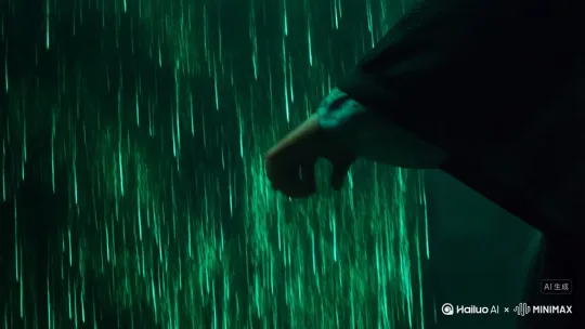 (0-3秒) 动态/跟拍: 镜头跟随一只手,这只手以极快的速度划过一面由绿色代码瀑布构成的墙壁,五指所过之处,代码被“抓取”并实体化,凝聚成一把半透明的、流动着数据的武士刀。
(3-6秒) 斩击/全局Glitch: 手臂猛然挥刀,在空中划出一道完美的圆弧。刀锋所过之处,整个世界的“贴图”被撕裂开一道巨大的口子,暴露出后面更深层的、红色的错误代码。整个世界(包括角色自己)在这一瞬间发生剧烈的“像素化”和“色差分离”故障,持续2秒后画面崩坏为满屏乱码。 by Hailuo AI Video Generator
