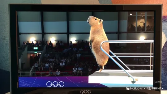 The television broadcast showed a capybara performing a 201B dive from a 10-meter high diving platform into a swimming pool during the Olympic diving competition, with commentary. by Hailuo AI Video Generator