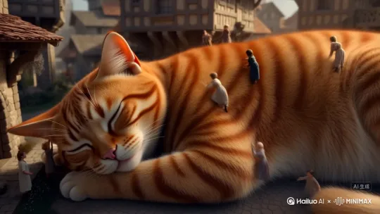 橘猫在小人国里睡着了，橘猫的大小是人的100倍大，小人国的民众出于好奇爬到睡着的橘猫身上。小人国的建筑和人物风格参考中世纪。 by Hailuo AI Video Generator