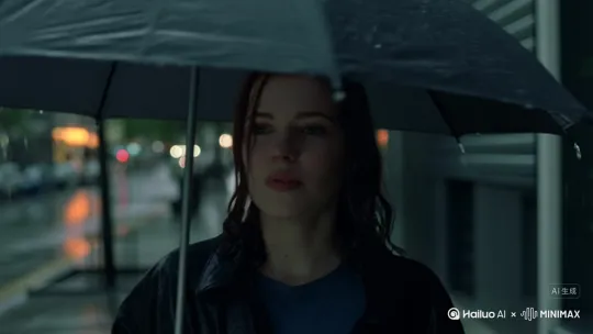 主角在雨中撑伞漫步，边走边说话，开始先是脸部特写，后运镜由近及远 by Hailuo AI Video Generator