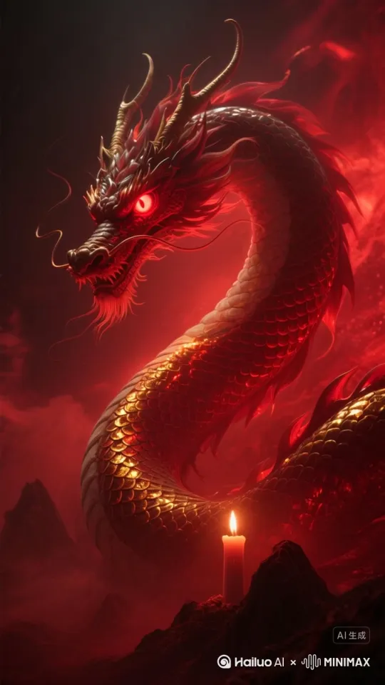 中景 暗红光芒越来越盛，光芒中，巨大的身影若隐若现，先是露出一只巨大的眼睛，散发着幽红的光芒，接着长长的身躯如山脉般缓缓升起，鳞片在光芒下闪烁着暗红色与金色交织的光泽，烛龙的头部渐渐显现，龙须随风飘动 。 by Hailuo AI Video Generator
