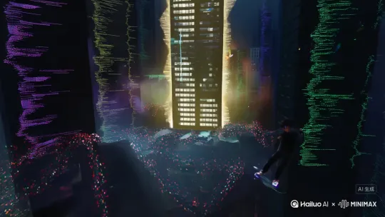 在由数据瀑布和故障艺术构成的“后台”都市，一位头戴全息投影面具的“现实骑师”，正被几个代表“出厂设定”的、身穿无菌白西装的“管理员”追猎。他的动作是一场对宇宙的现场打碟——【蒙太奇开始】他踩着悬浮滑板冲向一栋摩天大楼，在即将撞上的瞬间，他用手在空中做出一个“抓取”动作，直接将大楼的“碰撞体积”参数抓取到手中，然后像扔黑胶唱片一样甩向身后，整栋大楼瞬间变得如幻影般可被穿越。管理员发射出“重置”光束，他则在空中做出一个快速的“搓盘”动作，将脚下街区的“重力”参数瞬间反转，自己和敌人在天花板与地面之间进行着一场反物理的、令人眩晕的攻防战。他从空中跃下，将手中的喷漆罐对准一面墙，喷出的不再是颜料，而是“无限循环”的程序代码，墙上的涂鸦巨龙活了过来，但它被困在一个不断重复“咆哮-喷火-重置”的2秒循环里，变成了一个华丽而疯狂的防御陷阱。最终，在被管理员们围困于城市核心的“源代码之树”下时，他露出了微笑，将自己所有的能量汇聚成一个动作——一个完美的“BASS DROP”（贝斯轰鸣）。在这个动作完成的瞬间，整个世界的“音轨”被静音，然后，一股足以撕裂法则的低频震动从他脚下爆发，将整个城市、管理员、连同他自己，全部震碎成最原始的、闪耀着七彩光芒的“数据尘埃”。在绝对的寂静和黑暗中，他用指尖的光芒，从这些尘埃中，重新“编织”出了第一条属于他自己的、全新的城市天际线。 by Hailuo AI Video Generator