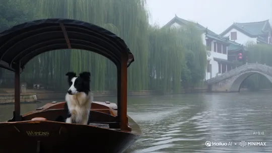 边牧乘着乌篷船游江南水乡一天，烟雨蒙蒙，烟柳画桥，青瓦白墙，晨起薄雾绕廊檐，暮时渔火映酒家。一分钟左右的视频，电影画质，氛围感强，诗意 by Hailuo AI Video Generator