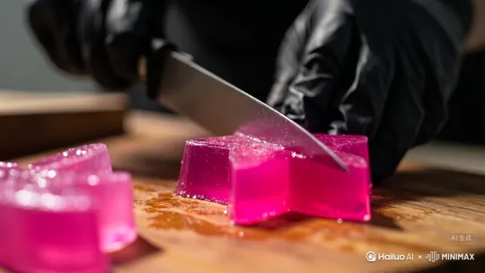 It cuts several times, and each piece falls down as the knife moves to the next. The inside of Patrick is also made of jelly. The sound is ASMR style. by Hailuo AI Video Generator