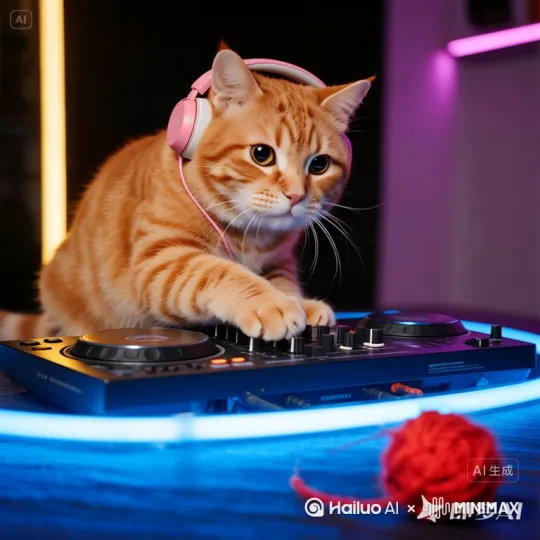 画面： 回到猫咪DJ中景或特写。音乐正到最High的部分。
动作： 猫咪突然被旁边滚过的一个毛线球（或自己晃动的尾巴）吸引，打碟的爪子停了下来，扭头好奇地盯着毛线球。音乐出现明显的卡顿或跑调音效（或直接静音一下）。
运镜： 快速推近猫咪被分心的脸部表情特写（一脸懵懂好奇）。 by Hailuo AI Video Generator