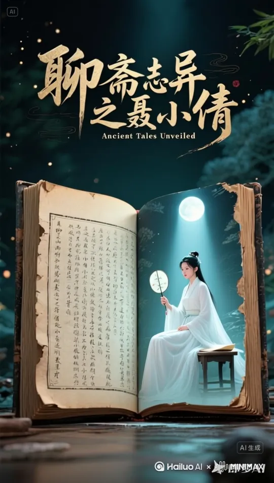 请帮我生成：“聂小倩扇两下扇子，然后起身从书中走出来，站在在桌上跳一段舞蹈，最后变成红色九尾狐，九尾狐仰头望向前方天空，一跃而起。[右移,左摇,跟随]”的视频。 by Hailuo AI Video Generator
