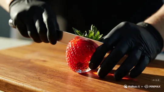 It cuts several times, and each piece falls down as the knife moves to the next. The inside of strawberry is also made of jelly. by Hailuo AI Video Generator