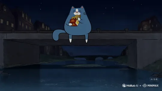 在黑暗的夜晚，一只蓝色的卡通胖猫在一座桥上吃着麦当劳，脸上略显伤心。吃完麦当劳后，它转身跳进河里 by Hailuo AI Video Generator