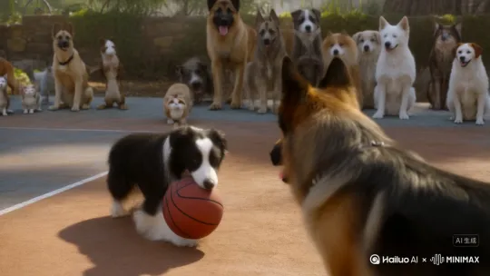 边境牧羊犬绕过德国牧羊犬的包围圈，完美扣篮，引得围观的动物欢呼 by Hailuo AI Video Generator