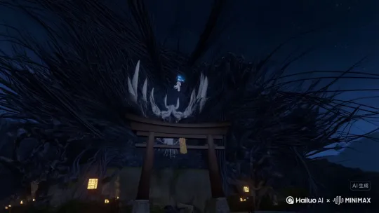 月夜下的古老神社，鸟居之上，一位身着白色狩衣的年轻咒术师，面对着由无数黑色绳索和怨念汇聚而成的巨大恶灵。他从鸟居轻盈跃下【脚步特写：落地无声、地面浮现出金色的净化法阵】，【侧视追踪镜头：动态模糊、白色衣袂拖出水墨般的残影】高速移动，在地面与墙壁间进行着无视重力的奔跑，以躲避恶灵射出的密集绳索攻击。【蒙太奇开始】他指尖夹着符咒【符咒燃烧：苍蓝色火焰、古老咒文在空中浮现】，向前一挥，符咒化为数只翱翔的【白鹤式神：半透明的折纸质感、翅膀边缘散发着粒子光芒】，精准地撕裂了来袭的绳索。咒术师借势【飞跃：穿过式神与恶灵爆炸产生的能量风暴】，于空中拔出一柄由纯粹灵力构成的【水晶胁差：刀身半透明、内部有跳动的光核】，从天而降，一刀刺入恶灵的核心，【能量爆发：巨大的十字形净化之光冲天而起、恶灵惨叫着瓦解消散为无数黑色粒子】。最终他【落地站定：水晶胁差化为光点消失、身后是破碎鸟居的剪影】，空中飘散着被净化后的灵力光尘，一轮圆月清冷如镜。 by Hailuo AI Video Generator