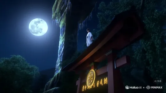 月夜下的古老神社，鸟居之上，一位身着白色狩衣的年轻咒术师，面对着由无数黑色绳索和怨念汇聚而成的巨大恶灵。他从鸟居轻盈跃下【脚步特写：落地无声、地面浮现出金色的净化法阵】，【侧视追踪镜头：动态模糊、白色衣袂拖出水墨般的残影】高速移动，在地面与墙壁间进行着无视重力的奔跑，以躲避恶灵射出的密集绳索攻击。【蒙太奇开始】他指尖夹着符咒【符咒燃烧：苍蓝色火焰、古老咒文在空中浮现】，向前一挥，符咒化为数只翱翔的【白鹤式神：半透明的折纸质感、翅膀边缘散发着粒子光芒】，精准地撕裂了来袭的绳索。咒术师借势【飞跃：穿过式神与恶灵爆炸产生的能量风暴】，于空中拔出一柄由纯粹灵力构成的【水晶胁差：刀身半透明、内部有跳动的光核】，从天而降，一刀刺入恶灵的核心，【能量爆发：巨大的十字形净化之光冲天而起、恶灵惨叫着瓦解消散为无数黑色粒子】。最终他【落地站定：水晶胁差化为光点消失、身后是破碎鸟居的剪影】，空中飘散着被净化后的灵力光尘，一轮圆月清冷如镜。 by Hailuo AI Video Generator