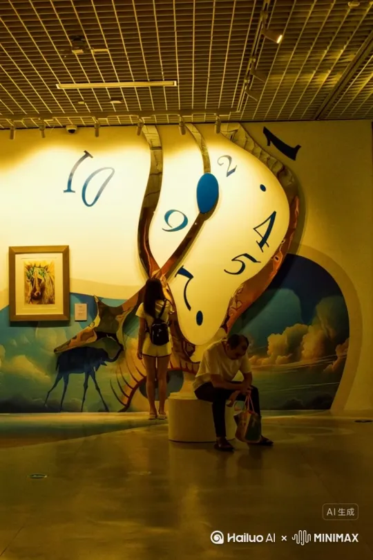 通过运镜[拉远,上升,下摇]人物最后化为达利钟扭曲表盘上的数字，时长控制在6秒。 by Hailuo AI Video Generator