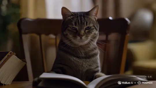 一只狸花猫正在书桌前看书，眼睛随着书翻动而眨动。神情很专注。书页以0.5秒速度翻动。 by Hailuo AI Video Generator
