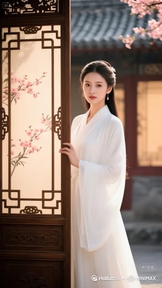 镜头缓缓向美女前推，美女后转身人物呈消散效果变成一只蝴蝶向外飞去。 by Hailuo AI Video Generator