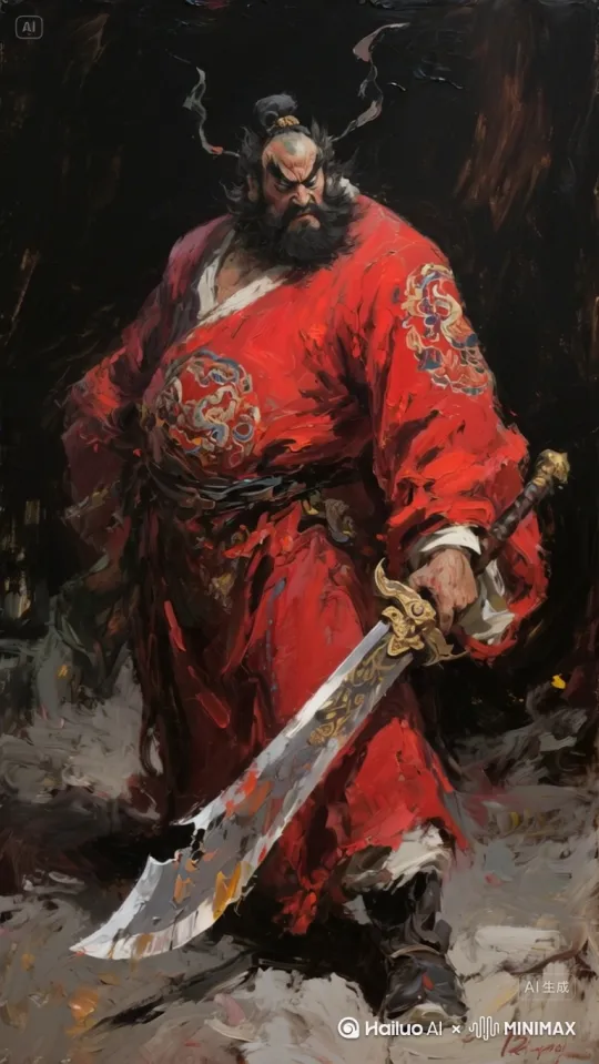 [右移,左摇,跟随]人物盯着镜头背影红光黄光逐渐显现，突然全身冒着黑烟冲击妖魔砍到无数。 by Hailuo AI Video Generator