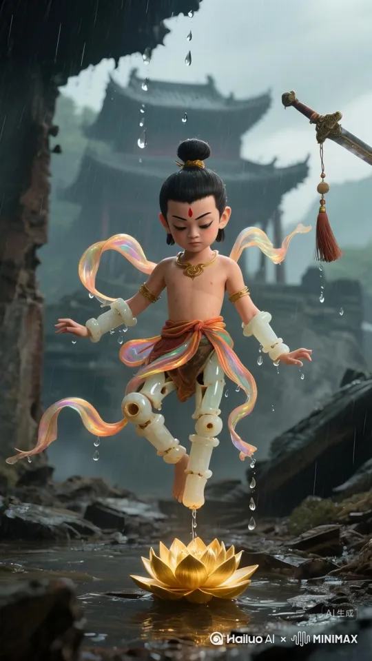 镜头360°绕莲台：每片莲花绽开即现哪吒三界历劫幻象 → 推近手部特写：太乙指间泥土化形火尖枪胚胎。 by Hailuo AI Video Generator