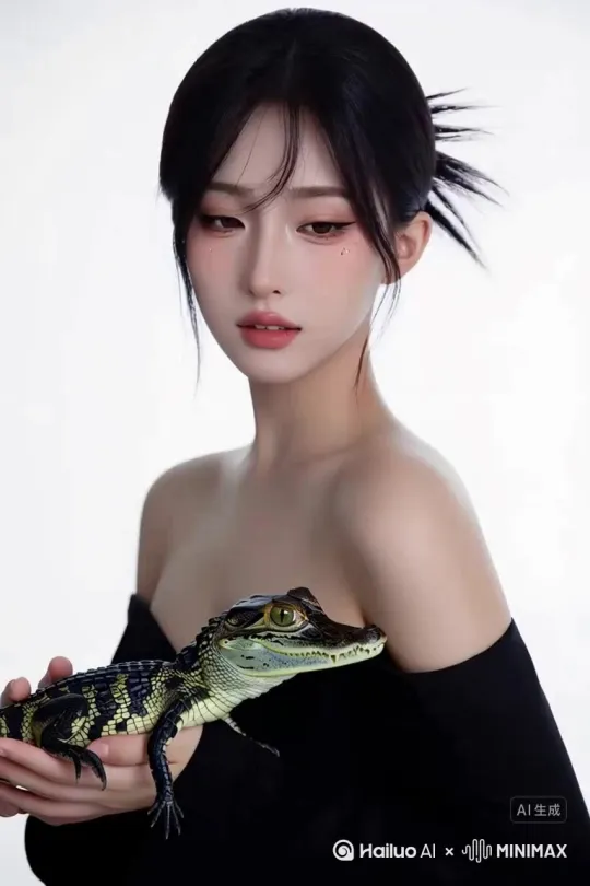 背景换成私人游泳池边，大鳄鱼趴在人物脚下。 by Hailuo AI Video Generator