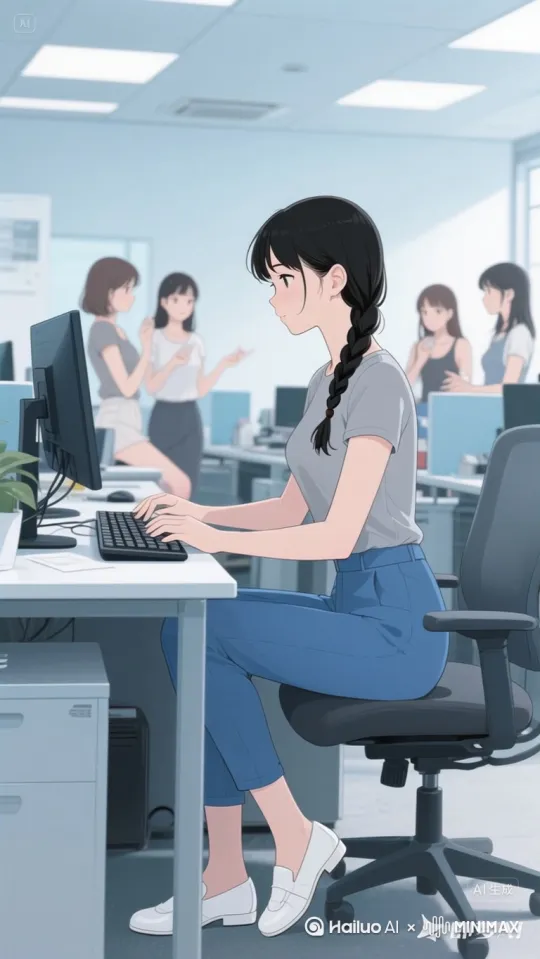 女孩坐在电脑桌打字，周围美女交头接耳 by Hailuo AI Video Generator