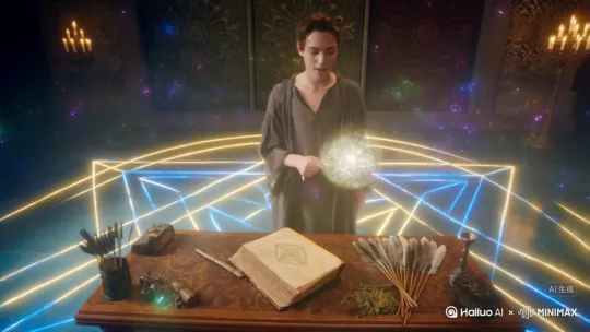视频开头：镜头聚焦于一张古朴的书桌，上面摆放着一本泛黄的魔法书，旁边散落着几根羽毛笔、墨水瓶和一些神秘的草药。镜头缓慢拉近，魔法书的页面在微风中轻轻翻动，突然停在一页复杂的咒语和符文上，书页边缘闪烁着微弱的蓝光，仿佛在暗示即将发生的魔法事件。
魔法元素出现：镜头切换到书桌的主人——一位年轻的魔法师，他穿着宽松的长袍，眼神专注而深邃。他抬起手，轻轻触摸书页上的符文，符文瞬间发出耀眼的蓝光。紧接着，书桌周围的空气开始扭曲，魔法粒子如萤火虫般在空中飞舞，它们闪烁着不同的颜色，有蓝色、紫色、绿色和金色，营造出一种梦幻般的氛围。

书本的魔法反应：魔法书仿佛有了生命，书页自动悬浮起来，在空中快速翻动，文字从书页上飞出，变成一道道光带，在空中交织成复杂的咒语图案。这些光带不仅闪烁着光芒，还发出轻微的嗡嗡声，如同古老的咒语在低语。随着咒语图案的完成，它开始旋转并逐渐缩小，最终凝聚成一个发光的魔法球，漂浮在魔法师的面前。
魔法雨降临：魔法师轻轻挥动手中的魔法杖，魔法球突然爆发出一股强大的能量波，能量波扩散开来，窗户瞬间被打开，窗外的天空中乌云密布。乌云中闪烁着彩色的光芒，紧接着，一场绚丽的魔法雨倾盆而下。这些雨滴并非普通的水滴，而是由各种颜色的魔法能量构成，它们在空中划出一道道优美的弧线，落在地面上时会溅起五彩斑斓的光芒。

魔法阵的形成：随着魔法雨的持续，地面上逐渐出现一个巨大的魔法阵。魔法阵由复杂的线条和符号组成，线条闪烁着金色的光芒，符号则发出深蓝色的光辉。魔法阵的中心是一个六角星，星芒指向六个方向，分别代表着不同的魔法元素。当魔法阵完全形成时，整个房间都被一股强大的魔法能量所笼罩，空气中的魔法粒子变得更加密集，整个场景充满了神秘和力量感。
视频结尾：魔法师站在魔法阵的中心，微笑着看着自己的杰作。他再次挥动魔法杖，魔法阵开始缓缓旋转并逐渐消失，魔法雨也慢慢停歇，书桌上的物品恢复原状。然而，书页上那些飞出的文字却重新回到了书页中，魔法书再次合上，仿佛刚才的一切都只是梦境。但地面上残留的彩色雨滴依然闪烁着微弱的光芒，暗示着魔法的力量尚未完全消散。镜头慢慢拉远，最后定格在魔法书的封面上，封面上的魔法符号微微发光，仿佛在等待下一次魔法的召唤。 by Hailuo AI Video Generator