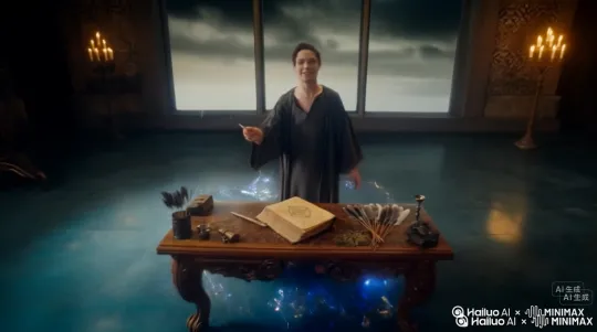 镜头切换：魔法师站在魔法阵中心，眼睛微闭，手中魔法杖轻轻挥动，魔法阵光芒更盛，彩色雨滴汇聚成光柱。
魔法元素互动：光柱中风、火、水、土元素显现，与魔法师互动。风元素轻拂他的长袍，火元素在杖尖跳跃，水元素为他戴上皇冠，土元素在他脚下形成平台。
元素魔法展示：魔法师轻点魔法杖，元素们施展魔法。风元素吹动羽毛展现力量，火元素化作凤凰振翅高飞，水元素汇聚成球体漂浮，土元素雕刻成小动物栩栩如生。
元素合体：魔法师高举魔法杖，元素们飞回杖中，杖尖射出彩色光芒，照亮整个房间，仿佛预示着更强大的魔法即将展开。 by Hailuo AI Video Generator