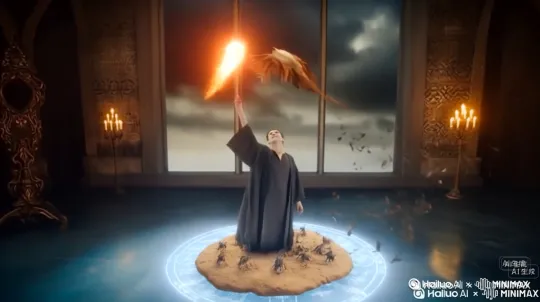 镜头切换：魔法师站在魔法阵中心，周围元素光芒闪烁，他缓缓睁开眼睛，眼神坚定而自信。

魔法星系创造：魔法师轻挥魔法杖，杖尖射出彩色光芒，在空中交织成一个小型魔法星系。星系中有旋转的星云和闪烁的星星，几颗小型行星围绕中心旋转，模拟真实的宇宙景象。

星系互动：魔法师轻轻触摸星系，星云和星星颜色变化，行星轨道调整，魔法元素与星系互动，风元素轻拂星云，火元素点燃星星，水元素滋润行星，土元素稳固轨道。

魔法能量传递：魔法师轻点魔法杖，星系释放出彩色光芒，光芒扩散到整个房间，照亮物品。书桌上的羽毛笔、墨水瓶和草药也被光芒笼罩，仿佛被魔法赋予了新的能量。

星系消散：魔法师再次挥动魔法杖，星系缓慢消散，光芒逐渐消失，房间恢复原状，但空气中仍弥漫着魔法的气息，整个过程充满奇幻和神秘。 by Hailuo AI Video Generator