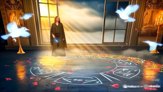镜头切换：魔法师站在窗边，感受着自然与魔法的交融，他缓缓闭上眼睛，仿佛在聆听内心的呼唤。此时，房间内的魔法元素开始自发地涌动，似乎在响应某种无形的召唤。

魔法元素的自主行动：魔法阵周围的魔法粒子逐渐汇聚，形成了一道道微小的光流。这些光流在空气中灵动地穿梭，如同有生命一般，开始在房间内绘制出新的符文和图案。魔法师身上的长袍也随着魔法元素的涌动而轻轻飘动，仿佛他与整个魔法世界融为一体。

魔法花园的显现：随着魔法元素的不断汇聚，房间的一角开始发生变化。原本普通的土壤中，突然长出了嫩绿的藤蔓，藤蔓上绽放出五颜六色的花朵。这些花朵散发着柔和的光芒，花瓣上还滴落着晶莹的露珠，仿佛是从魔法世界中直接移植而来的奇幻植物。同时，房间的墙壁上也悄然出现了藤蔓纹理，与地上的魔法花园相互呼应。

镜头结束：魔法师缓缓睁开眼睛，眼中闪过一丝惊喜。他轻轻挥动魔法杖，魔法花园中的花朵开始旋转，花瓣飘落，形成了一场绚丽的花瓣雨。花瓣在空中翩翩起舞，最终落在魔法师的肩头和魔法书上，为这个充满魔法的场景增添了一份浪漫与神秘。镜头慢慢拉远，定格在魔法师微笑的脸上，预示着新的魔法冒险即将开始。 by Hailuo AI Video Generator