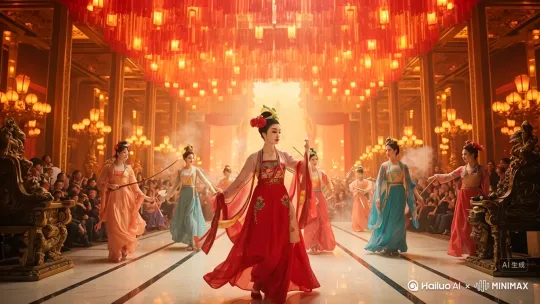 宫女正在跳舞，镜头从宫女身边缓缓经过，一直推到一个唐朝皇帝的脸上[跟随,变焦推进] by Hailuo AI Video Generator