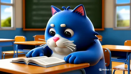 3D动画风格，画面主体是一只蓝色的胖猫，耳朵内侧为粉色，有着白色的胡须和粉色的鼻子，坐在教室里认真读书[左移,推进,右摇] by Hailuo AI Video Generator