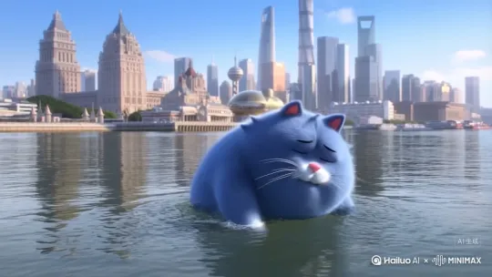 3D动画风格，画面主体是一只蓝色的胖猫，耳朵内侧为粉色，有着白色的胡须和粉色的鼻子。掉在上海黄浦江喊救命 by Hailuo AI Video Generator