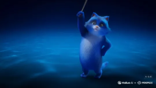 anthropomorphic blue cat, full body, cerulean blue fur, expressive eyes, standing upright, waving a conductor's baton energetically, underwater, deep ocean environment, surrounded by shimmering blue by Hailuo AI Video Generator