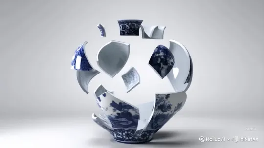 一段采用超高速摄影和电影级慢镜头拍摄的视频。 在一个极简的白色空间中，一个精美的青花瓷花瓶从无数漂浮在空中的碎片，瞬间“反向破碎”，完美地重组在一起。在花瓶重组完成的前一毫秒，一颗子弹才从花瓶的另一侧“反向射出”，并以倒放的轨迹飞出画面。整个过程的物理光影（如碎片上的反光、子弹的尾迹）都必须是正向播放的、符合物理逻辑的，但事件的发生顺序却是完全颠倒的。 by Hailuo AI Video Generator