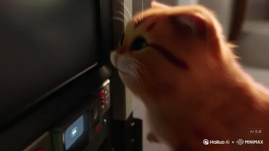景别：特写（猫脸识别器 + 橘橘面部）​
画面提示词：​
橘橘猛地刹车，鼻子撞到识别器（机器屏幕亮起绿光扫描）；她努力挤出标准微笑（胡须因急促呼吸颤抖），肉垫拍了拍机器侧面（像人类拍打卡机求通融）；屏幕突然跳红，显示 “8:01”，电子音冰冷播报：“打卡失败，迟到 1 分钟”。​
镜头运动：先聚焦识别器屏幕，再拉回橘橘瞬间垮掉的表情（耳朵耷拉成三角形）​
时长：5 秒​ by Hailuo AI Video Generator