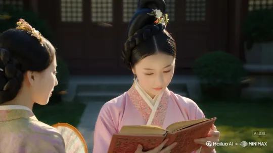 太阳渐渐升高，知了叫声加剧，无端让人的心里更多出几分燥热。落里，花家大姑娘花芷看书看得有点累了，放下书轻轻揉了揉眼睛，回头看向给她摇扇子的丫鬟， by Hailuo AI Video Generator